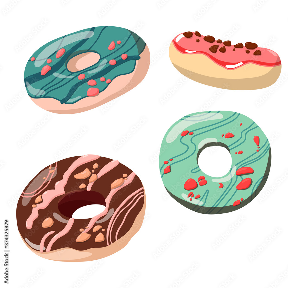 Several donuts in different positions. Side, top, three-quarter view. Vector illustration of bright sweet buns isolated on white background. Donuts with chocolate, nut crumbs and berry syrup.