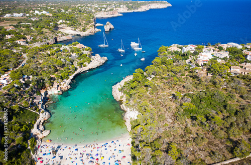 aerial view of a beautiful white sandy beach on Mallorca, Cala Llombards, Spain