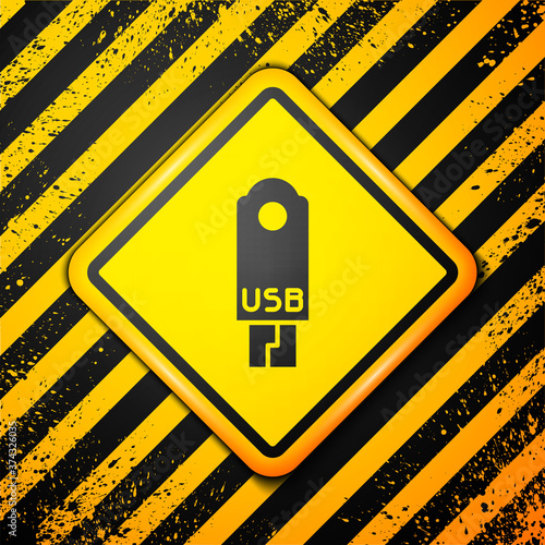 Black USB flash drive icon isolated on yellow background. Warning sign. Vector Illustration.