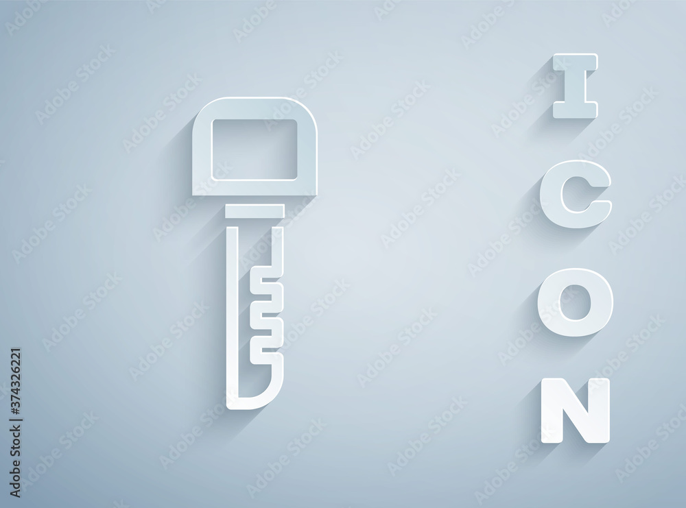 Paper cut Key icon isolated on grey background. Paper art style. Vector Illustration. Paper cut Key icon isolated on grey background. Paper art style. Vector Illustration.