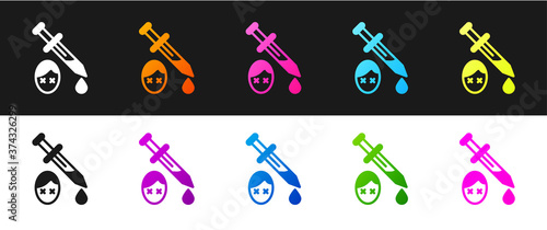 Set Sword with blood icon isolated on black and white background. Medieval weapons knight and soldier. Symbol of murder. Vector.