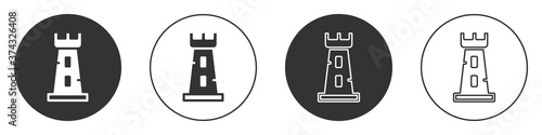 Black Castle tower icon isolated on white background. Fortress sign. Circle button. Vector.