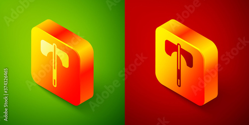 Isometric Medieval axe icon isolated on green and red background. Battle axe, executioner axe. Medieval weapon. Square button. Vector.