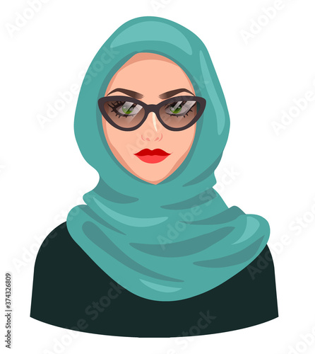 Muslim woman avatar, isolated on white. Young Arabic girl wearing hijab and sunglasses. Cartoon female portrait, flat vector illustration