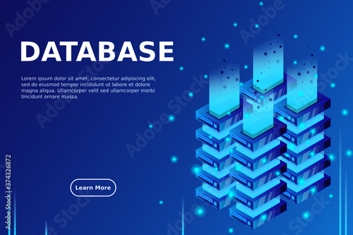 Server room isometric vector, futuristic technology of data protection and processing, networking and web hosting banner, input output data flow