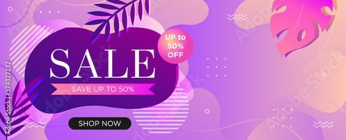 Super sale web banner template for social media promotions. Special 50% discount offer poster, vector illustration with copy space