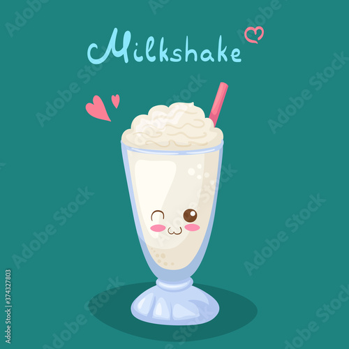 Kawaii Milkshake vector character isolated on dark background. Funny smiling sweet milky drink with foam. Cute food mascot illustration with lettering. Cafe menu, greeting card, fabric print design.
