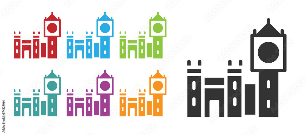 Black Big Ben tower icon isolated on white background. Symbol of London and United Kingdom. Set icons colorful. Vector.