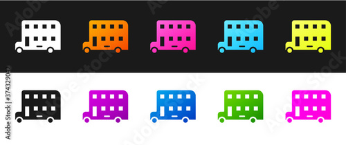 Set Double decker bus icon isolated on black and white background. London classic passenger bus. Public transportation symbol. Vector.