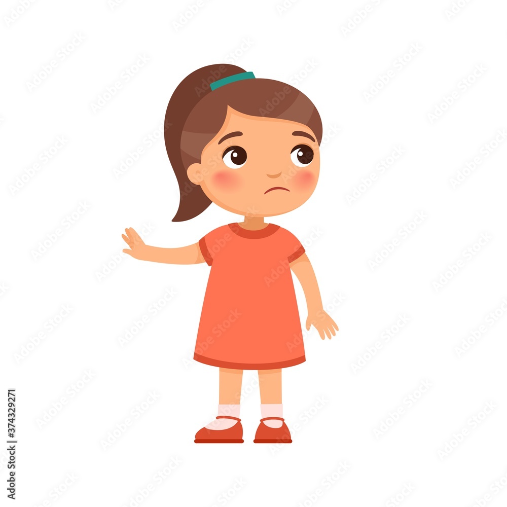 Displeased little girl shows refusal gesture. Naughty child, bad behavior.  Child psychology. Cartoon character isolated on white background. Flat  vector color illustration. Stock Vector | Adobe Stock