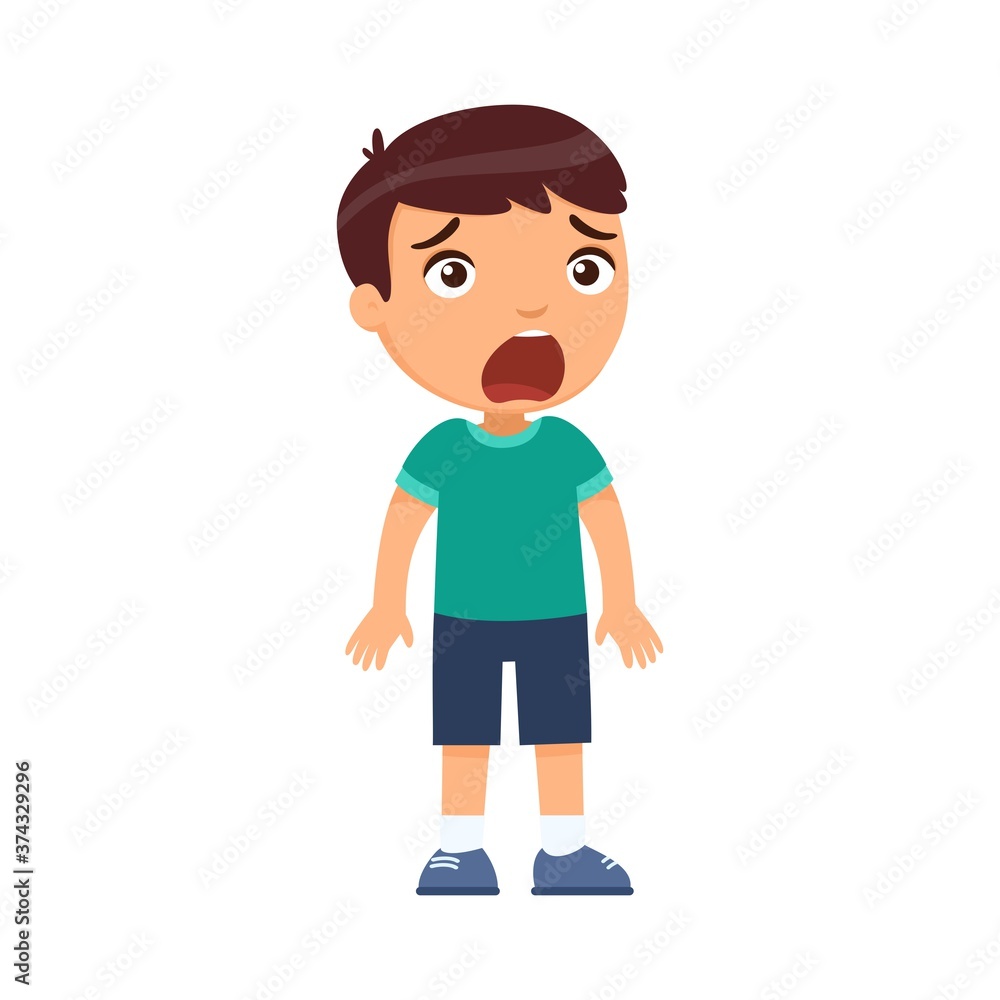 Little frightened boy. A child with intense emotion on the face. Psychology, the concept of children's fears. Cartoon character isolated on white background. Flat vector color illustration.