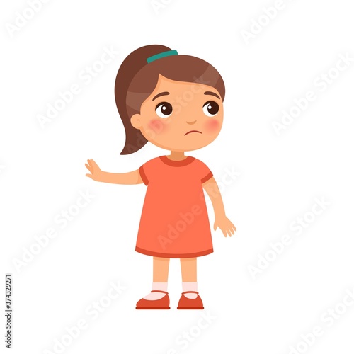 Displeased little girl shows refusal gesture. Naughty child, bad behavior. Child psychology. Cartoon character isolated on white background. Flat vector color illustration.