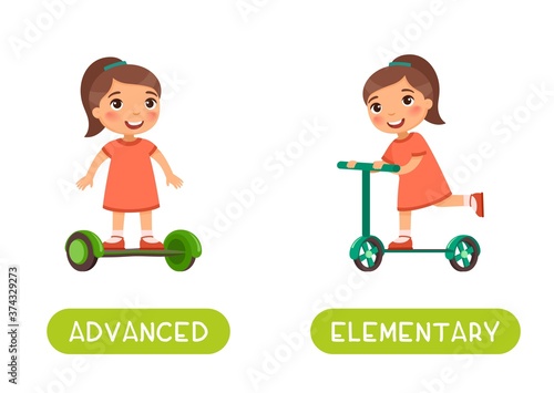 Advanced and elementary antonyms word card vector template. Flashcard for english language learning. Opposites concept. A little girl rides a modern gyroscooter, a child rides an ordinary scooter.