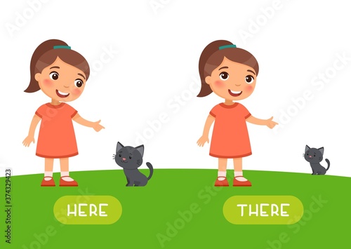 Here and there antonyms word card vector template. Opposites concept. Flashcard for english language learning. Little girl points to the kitten. Small cat in the distance and near to the child.