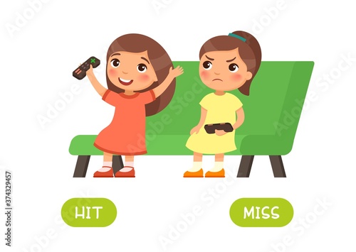 Hit and miss antonyms word card vector template. Opposites concept. Flashcard for english language learning. Little girl won a computer game and is happy, another child is unhappy about losing