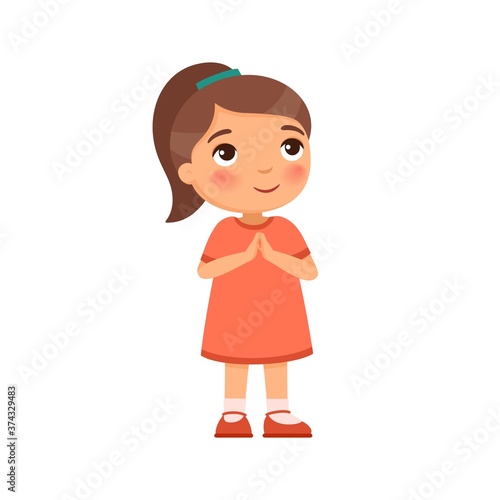 Little girl smiles and lifts up his eyes and hands in prayer. Concept of religion, prayer and Christianity. Cute cartoon character isolated on white background. Flat vector color illustration.