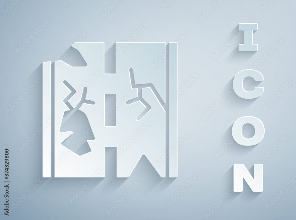 Paper cut Broken road icon isolated on grey background. Paper art style. Vector. Paper cut Broken road icon isolated on grey background. Paper art style. Vector.