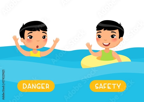 Opposites concept, SAFETY and DANGER. Flashcard with antonyms for kids vector template. Word card for foreign language studying. Asian boy swimming withand without inflatable ring flat illustration wi