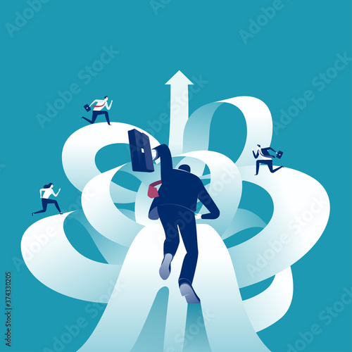 Business career. The manager runs to the top through complicated maze. Vector illustration.