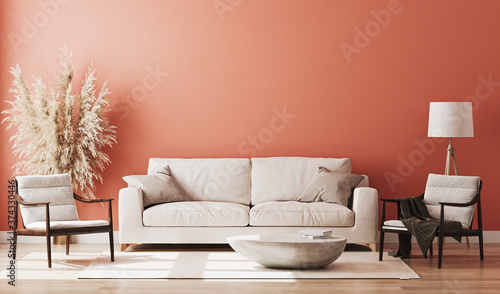 Red room interior, living room interior mockup, empty red wall, 3d rendering photo