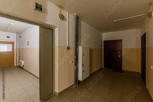 Russia  Moscow- February 15  2020  interior public place  house entrance. doors  walls  staircase corridors