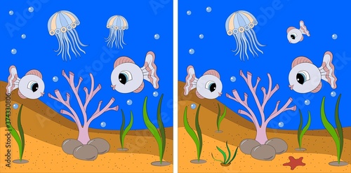 Jellyfish and fish swim in the sea. Need to find 5 differences.