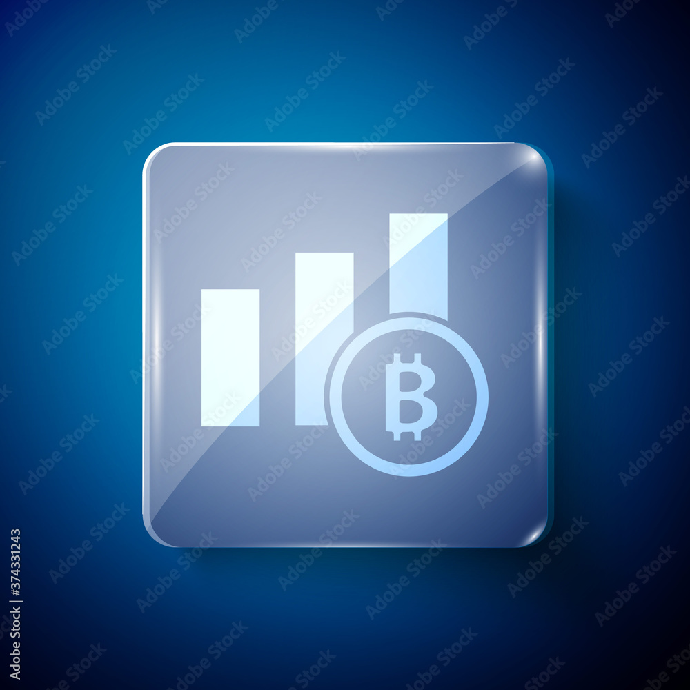 White Pie chart infographic bitcoin icon isolated on blue background. Diagram chart sign. Square glass panels. Vector. White Pie chart infographic bitcoin icon isolated on blue background. Diagram chart sign. Square glass panels. Vector.