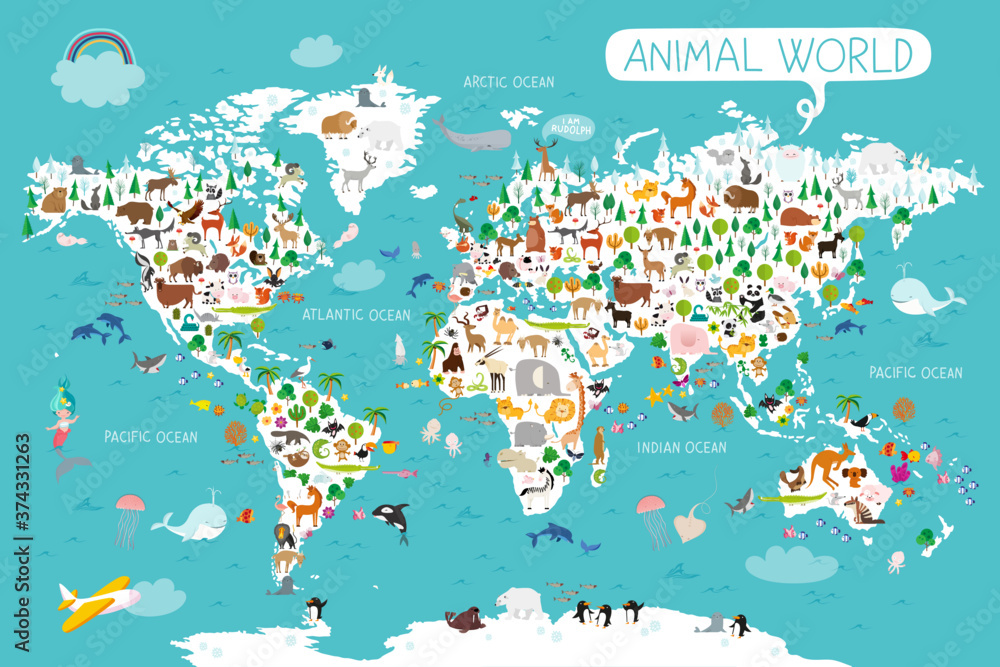 Animals world map. Beautiful cheerful colorful vector illustration for children and kids. With the inscription of the oceans and continents. Preschool, baby, continents, oceans, drawn, Earth