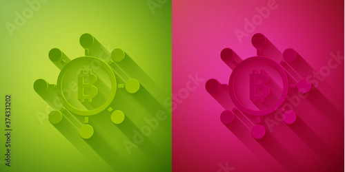 Paper cut Blockchain technology Bitcoin icon isolated on green and pink background. Abstract geometric block chain network technology business. Paper art style. Vector.