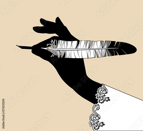 Black silhouette of female hand holding a feather pen. Retro design element. Vintage engraving stylized drawing. Vector illustration