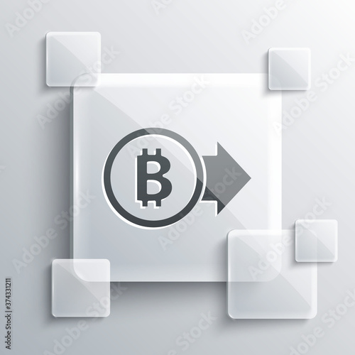 Grey Cryptocurrency coin Bitcoin icon isolated on grey background. Physical bit coin. Blockchain based secure crypto currency. Square glass panels. Vector.