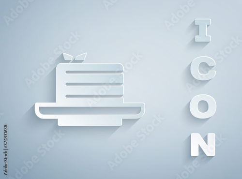 Paper cut Medovik icon isolated on grey background. Honey layered cake or russian cake Medovik on plate. Paper art style. Vector.