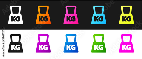 Set Weight icon isolated on black and white background. Kilogram weight block for weight lifting and scale. Mass symbol. Vector.