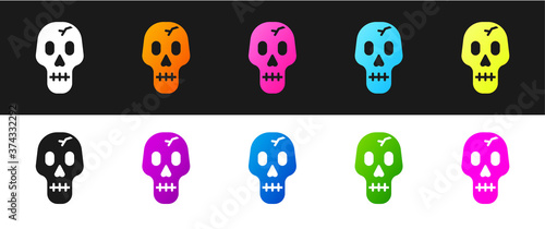 Set Skull icon isolated on black and white background. Happy Halloween party. Vector.