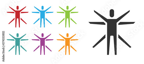 Black Vitruvian Man by Leonardo Da Vinci icon isolated on white background. Human anatomy. Set icons colorful. Vector.
