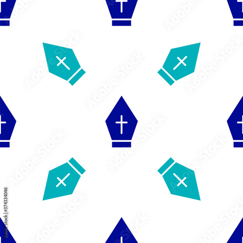 Blue Pope hat icon isolated seamless pattern on white background. Christian hat sign. Vector.