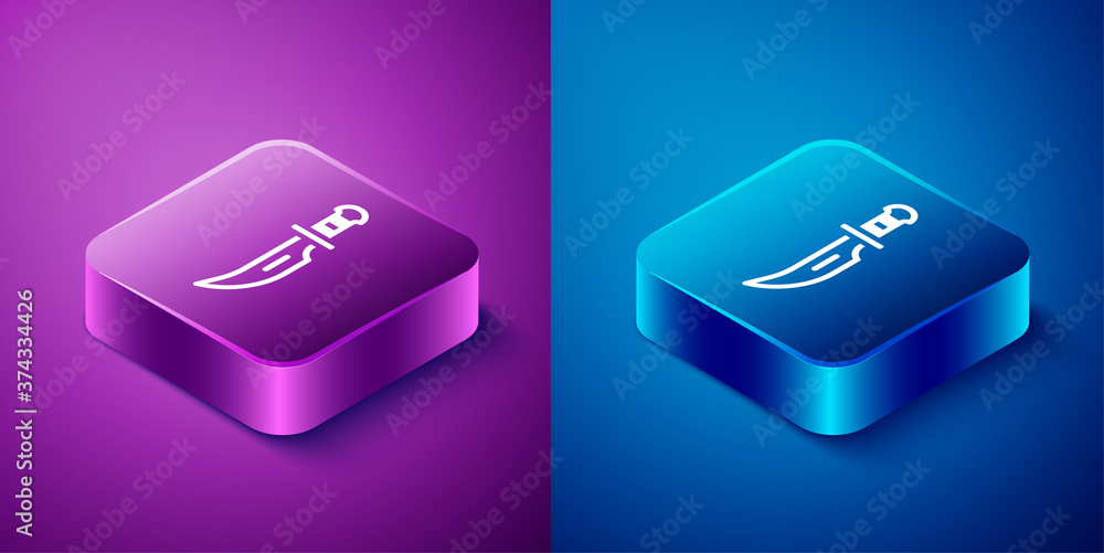Isometric Dagger icon isolated on blue and purple background. Knife icon. Sword with sharp blade. Square button. Vector. Isometric Dagger icon isolated on blue and purple background. Knife icon. Sword with sharp blade. Square button. Vector.