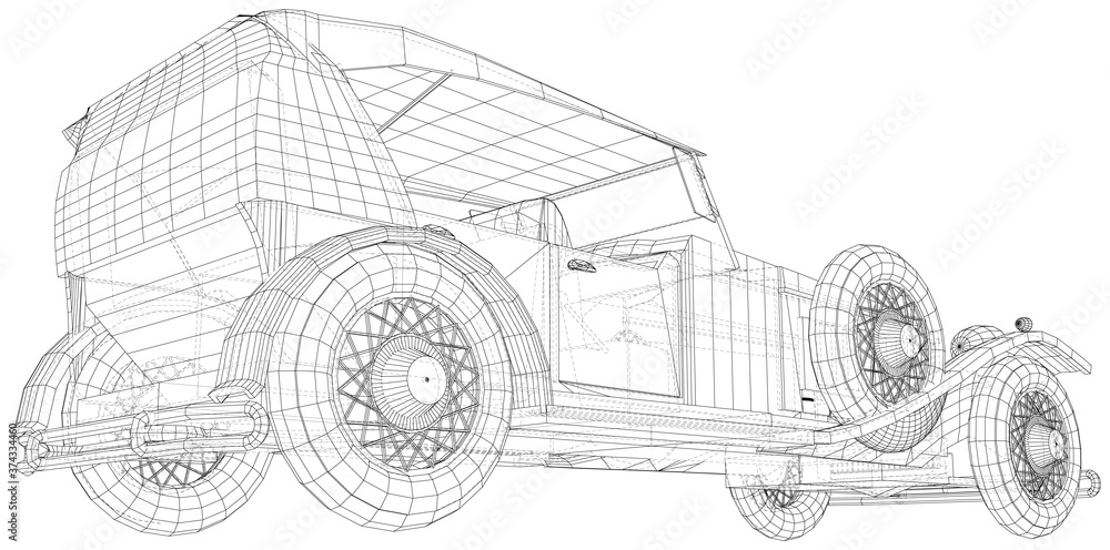 Retro car. Vintage car Vector illustration. Wire-frame line isolated. Vector rendering of 3d.