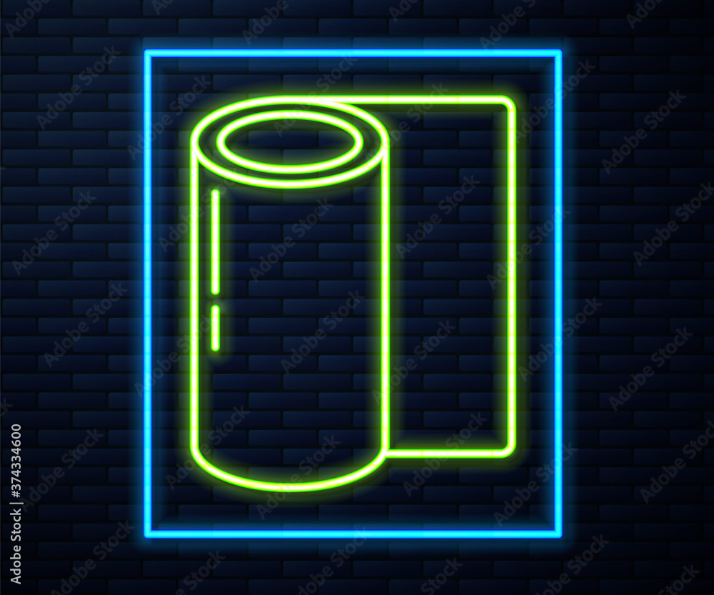 Glowing neon line Fitness mat roll icon isolated on brick wall background. Yoga mat rolled. Sport equipment. Vector Illustration.