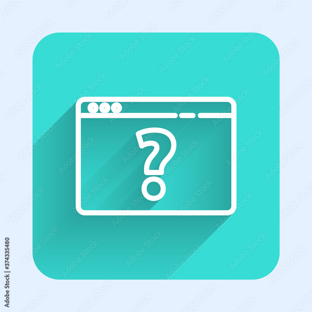 White line Browser with question mark icon isolated with long shadow. Internet communication protocol. Green square button. Vector Illustration. White line Browser with question mark icon isolated with long shadow. Internet communication protocol. Green square button. Vector Illustration.
