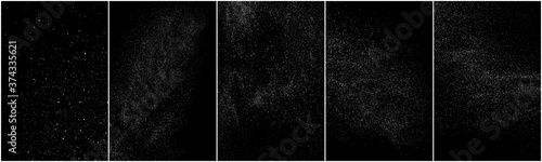 Set of distressed white grainy texture. Dust overlay textured. Grain noise particles. Snow effects pack. Rusted black background. Vector illustration, EPS 10. 