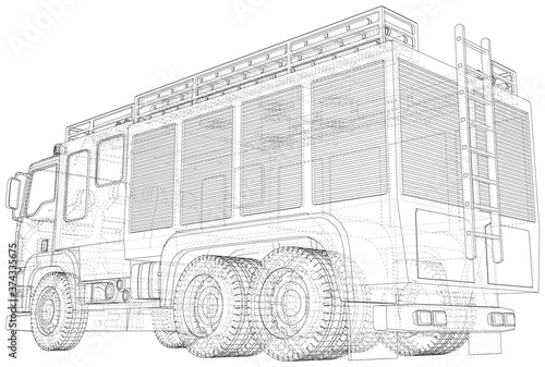 Fire Engine vector. Fire truck Wire-frame line isolated. Vector rendering of 3d.