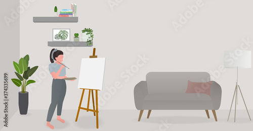 Woman using weekend holiday with drawing at living room. She thinking about what to draw.