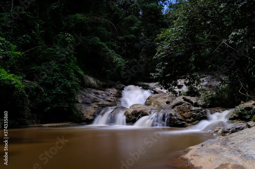 waterfall in the forest and green nature wallpaper background