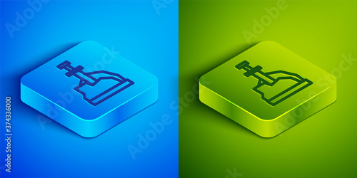 Isometric line Sword in the stone icon isolated on blue and green background. Excalibur the sword in the stone from the Arthurian legends. Square button. Vector.