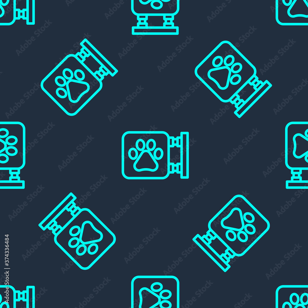 Green line Veterinary clinic symbol icon isolated seamless pattern on blue background. Cross hospital sign. A stylized paw print dog or cat. Pet First Aid sign. Vector. Green line Veterinary clinic symbol icon isolated seamless pattern on blue background. Cross hospital sign. A stylized paw print dog or cat. Pet First Aid sign. Vector.