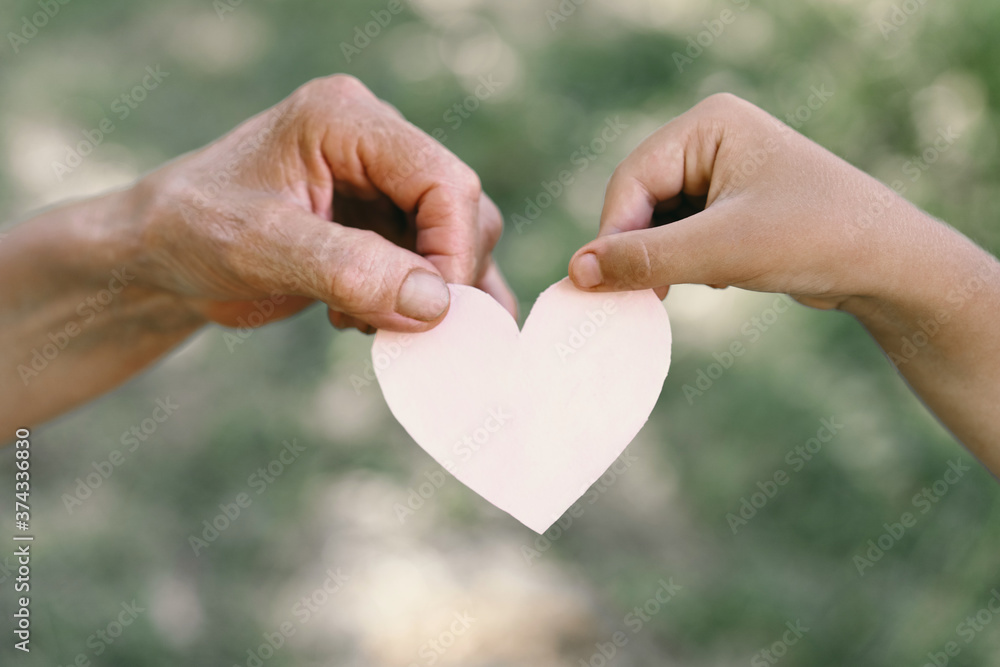 Obraz premium Childs hand and old hand grandmother hold heart. 
