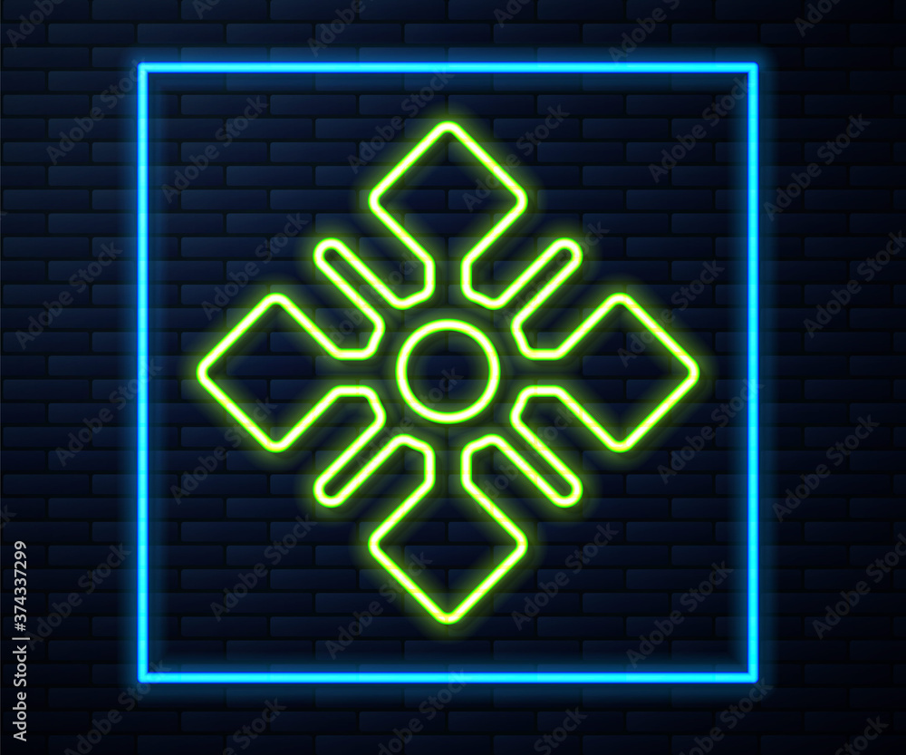 Glowing neon line Snowflake icon isolated on brick wall background. Vector. Glowing neon line Snowflake icon isolated on brick wall background. Vector.