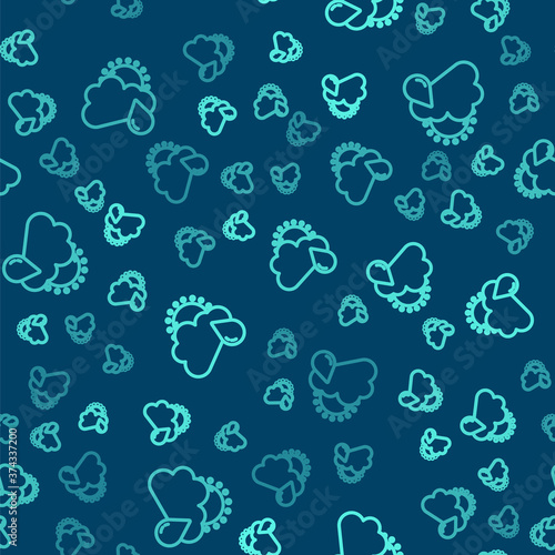 Green line Cloud with rain and sun icon isolated seamless pattern on blue background. Rain cloud precipitation with rain drops. Vector.