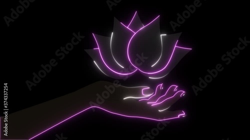 Close-up of tender neon female hand with pink nails holding lotus flower isolated on black background. Tenderness, healthcare, yoga, harmony, spiritual development. Glowing neon animation